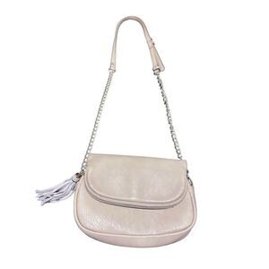 Moda Luxe Cross Body Bag Purse Adjustable Strap Beige Tan Front Zip Flap Gold Ch